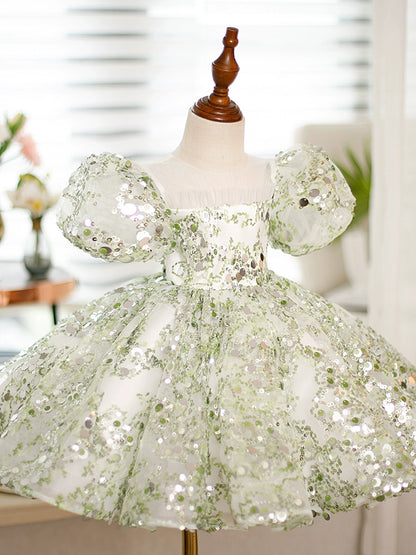 Princess Green Sequined Back Zip Baptism Sequins Short Sleeve Puff Sleeve Round Flower Girl Dress
