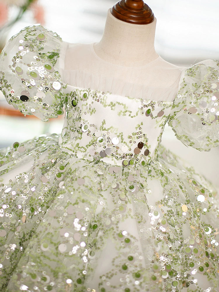 Princess Green Sequined Back Zip Baptism Sequins Short Sleeve Puff Sleeve Round Flower Girl Dress