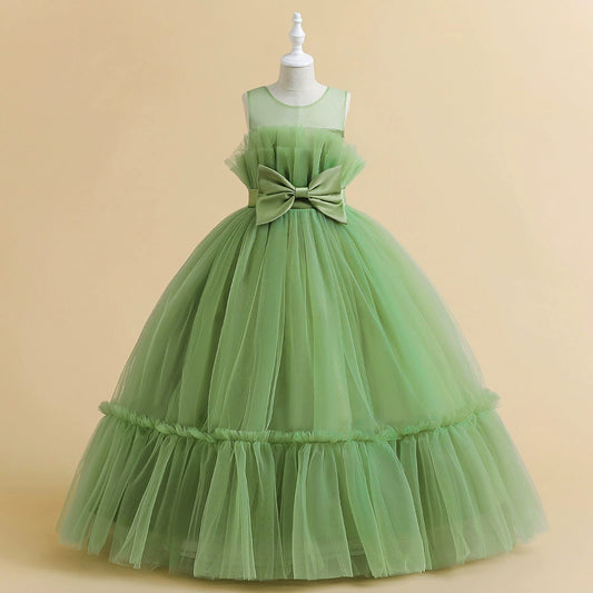 Princess Green Tulle Back Zip Baptism Pleated Floor Length Sleeveless Round Flower Girl Dress