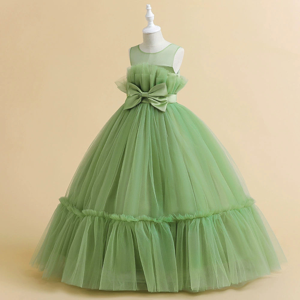 Princess Green Tulle Back Zip Baptism Pleated Floor Length Sleeveless Round Flower Girl Dress