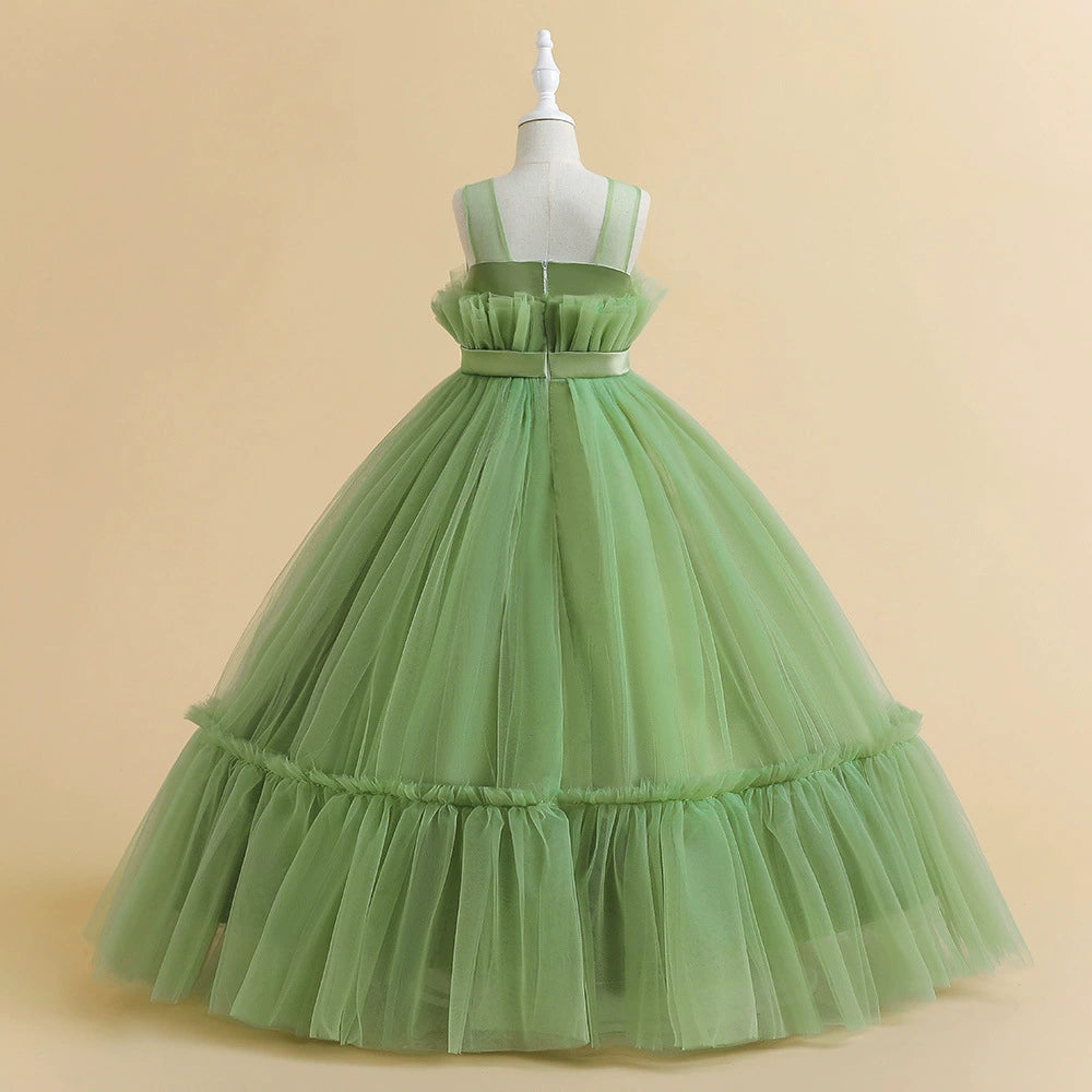 Princess Green Tulle Back Zip Baptism Pleated Floor Length Sleeveless Round Flower Girl Dress