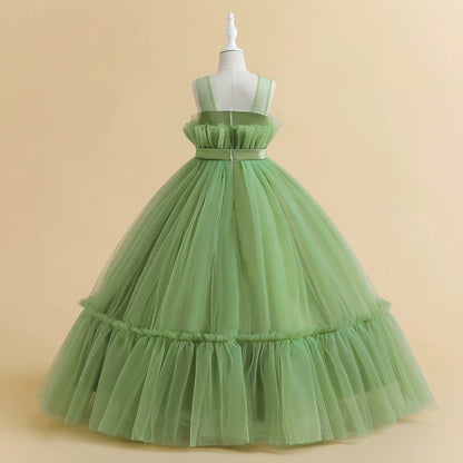 Princess Green Tulle Back Zip Baptism Pleated Floor Length Sleeveless Round Flower Girl Dress