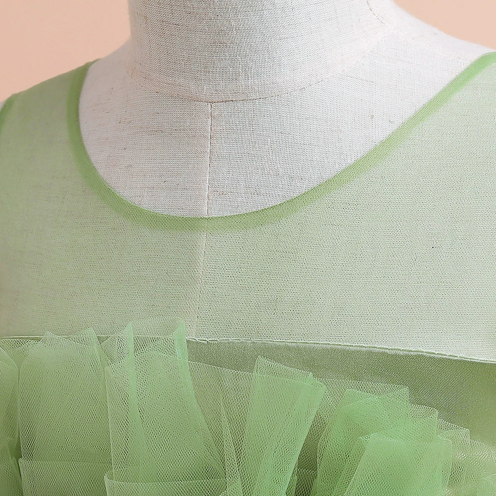 Princess Green Tulle Back Zip Baptism Pleated Floor Length Sleeveless Round Flower Girl Dress