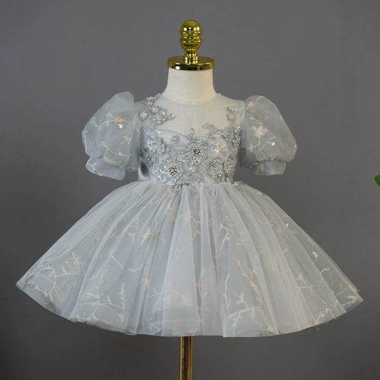 Princess Grey Tulle Back Zip Baptism Flower(s) Tea Length Short Sleeve Puff Sleeve Round Flower Girl Dress