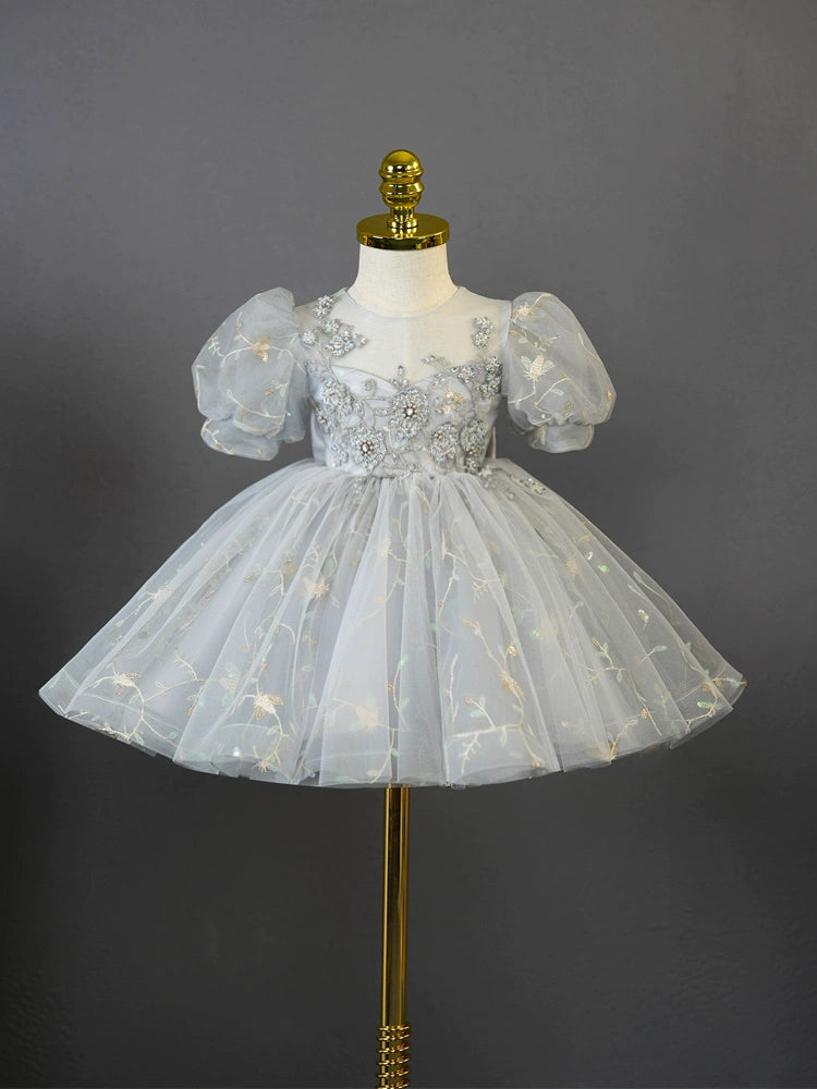 Princess Grey Tulle Back Zip Baptism Flower(s) Tea Length Short Sleeve Puff Sleeve Round Flower Girl Dress
