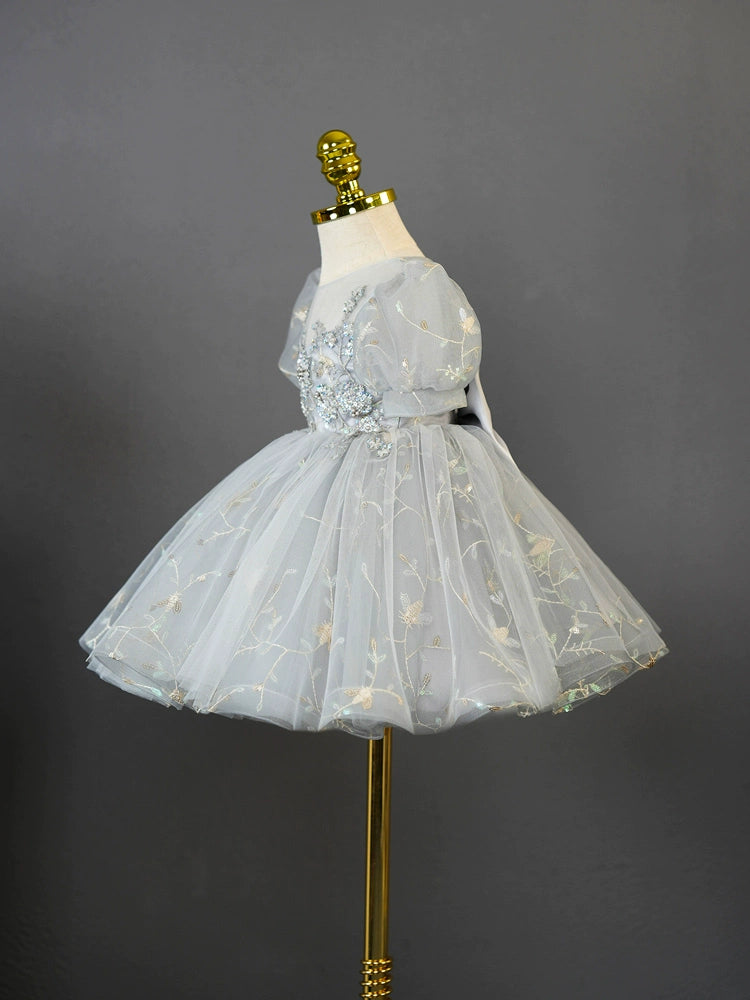 Princess Grey Tulle Back Zip Baptism Flower(s) Tea Length Short Sleeve Puff Sleeve Round Flower Girl Dress