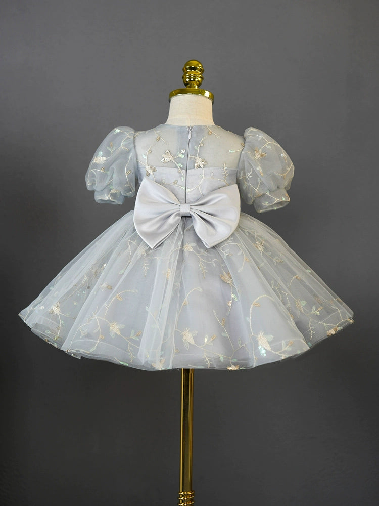 Princess Grey Tulle Back Zip Baptism Flower(s) Tea Length Short Sleeve Puff Sleeve Round Flower Girl Dress