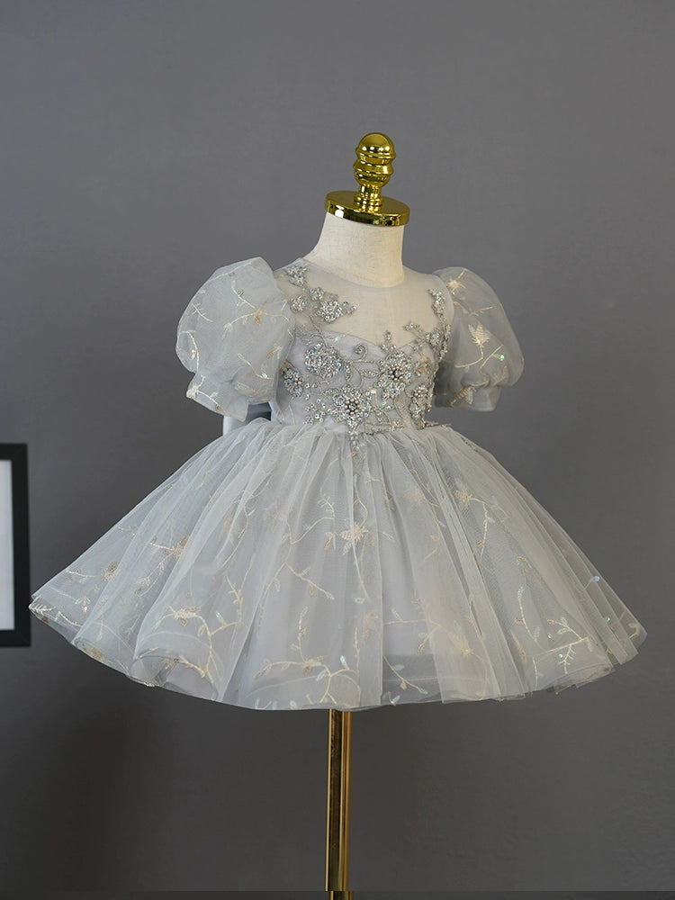 Princess Grey Tulle Back Zip Baptism Flower(s) Tea Length Short Sleeve Puff Sleeve Round Flower Girl Dress