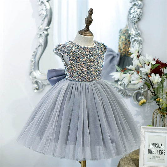 Princess Grey Tulle Back Zip Baptism Sequins Tea Length Short Sleeve Cap Sleeve Round Flower Girl Dress