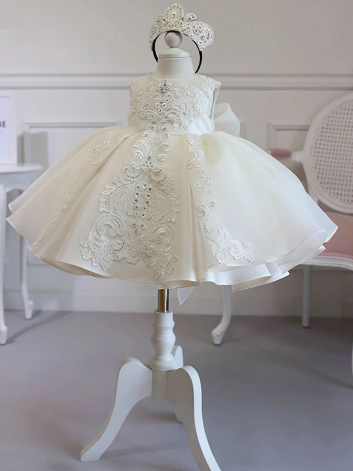 Princess Ivory Satin Back Zip Baptism Lace Tea Length Sleeveless Round Flower Girl Dress