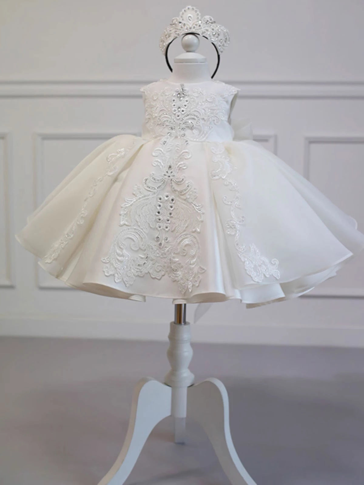 Princess Ivory Satin Back Zip Baptism Lace Tea Length Sleeveless Round Flower Girl Dress