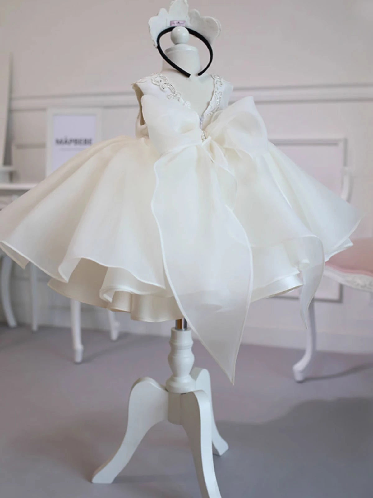 Princess Ivory Satin Back Zip Baptism Lace Tea Length Sleeveless Round Flower Girl Dress