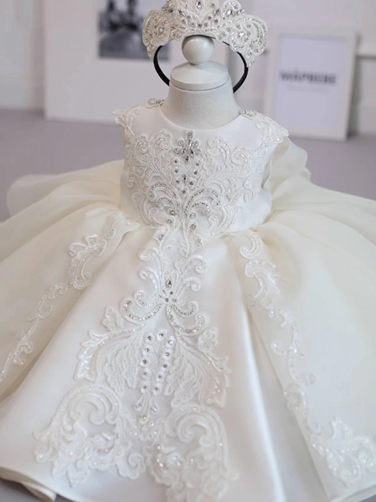 Princess Ivory Satin Back Zip Baptism Lace Tea Length Sleeveless Round Flower Girl Dress