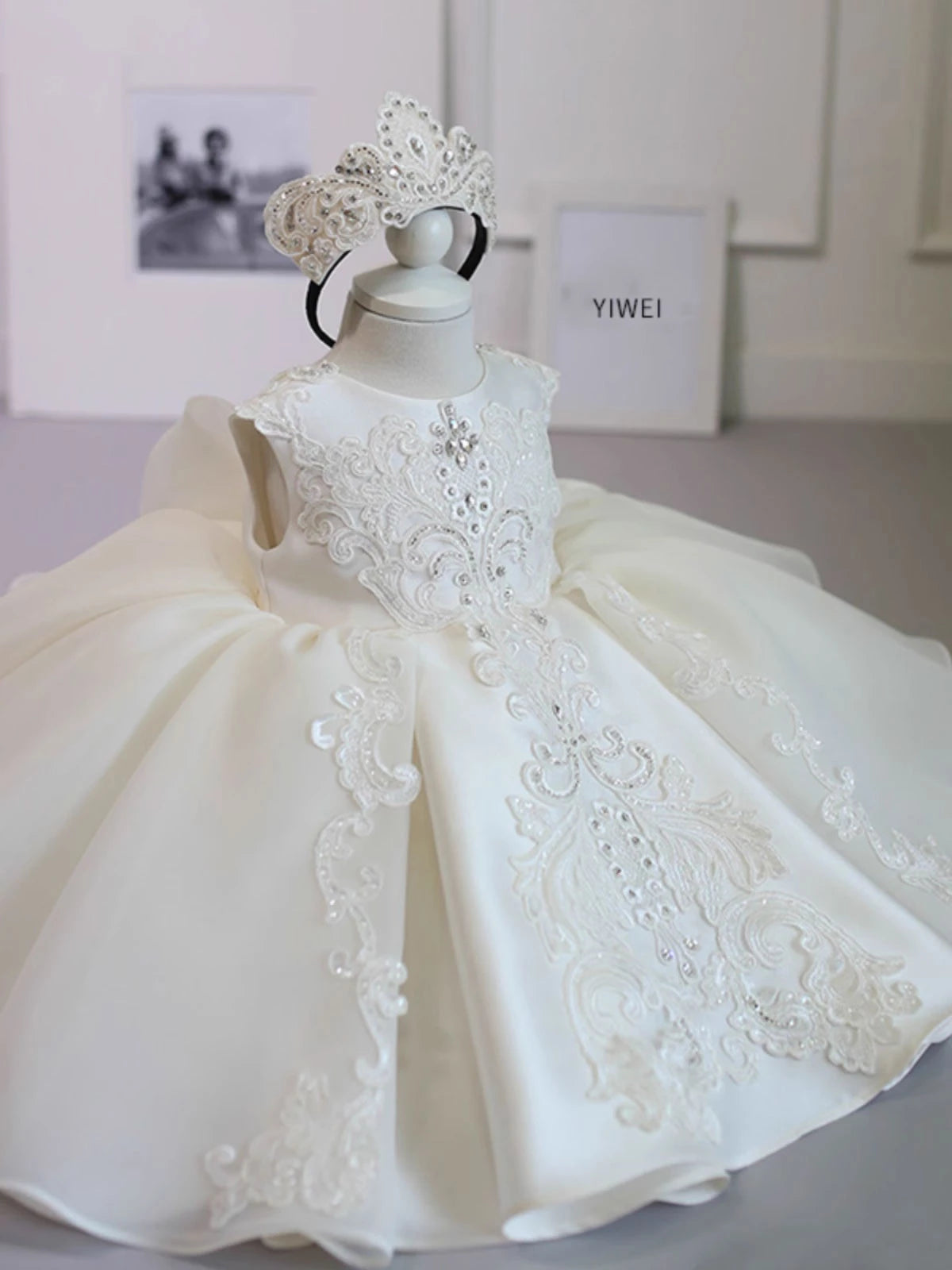 Princess Ivory Satin Back Zip Baptism Lace Tea Length Sleeveless Round Flower Girl Dress