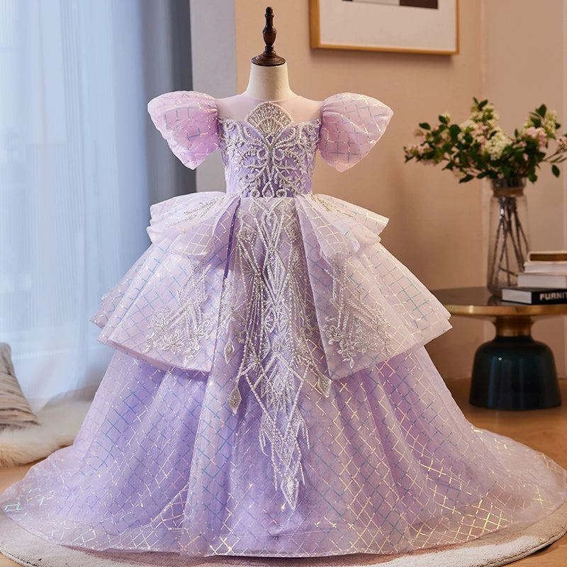 Princess Lilac Organza Crossed Straps Baptism Lace Floor Length Short Sleeve Puff Sleeve Round Flower Girl Dress