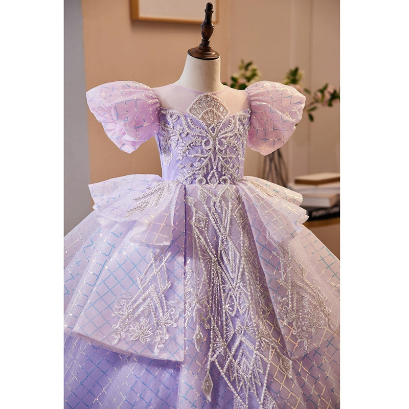 Princess Lilac Organza Crossed Straps Baptism Lace Floor Length Short Sleeve Puff Sleeve Round Flower Girl Dress