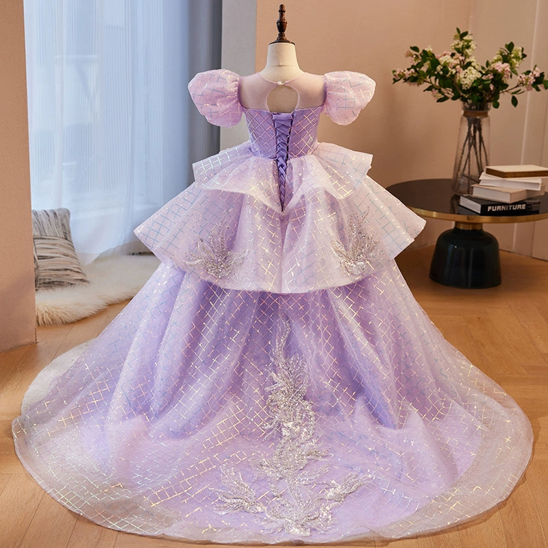 Princess Lilac Organza Crossed Straps Baptism Lace Floor Length Short Sleeve Puff Sleeve Round Flower Girl Dress