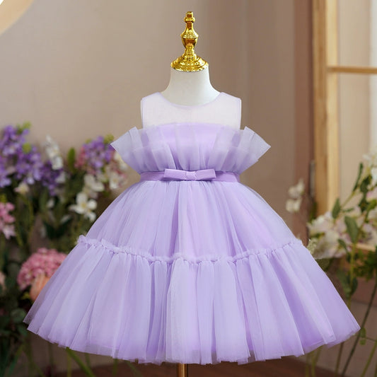 Princess Lilac Tulle Back Zip Baptism Bow(s) Tea Length Sleeveless Round Flower Girl Dress