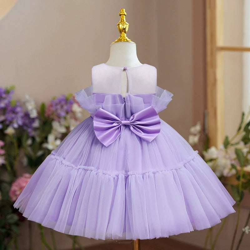 Princess Lilac Tulle Back Zip Baptism Bow(s) Tea Length Sleeveless Round Flower Girl Dress