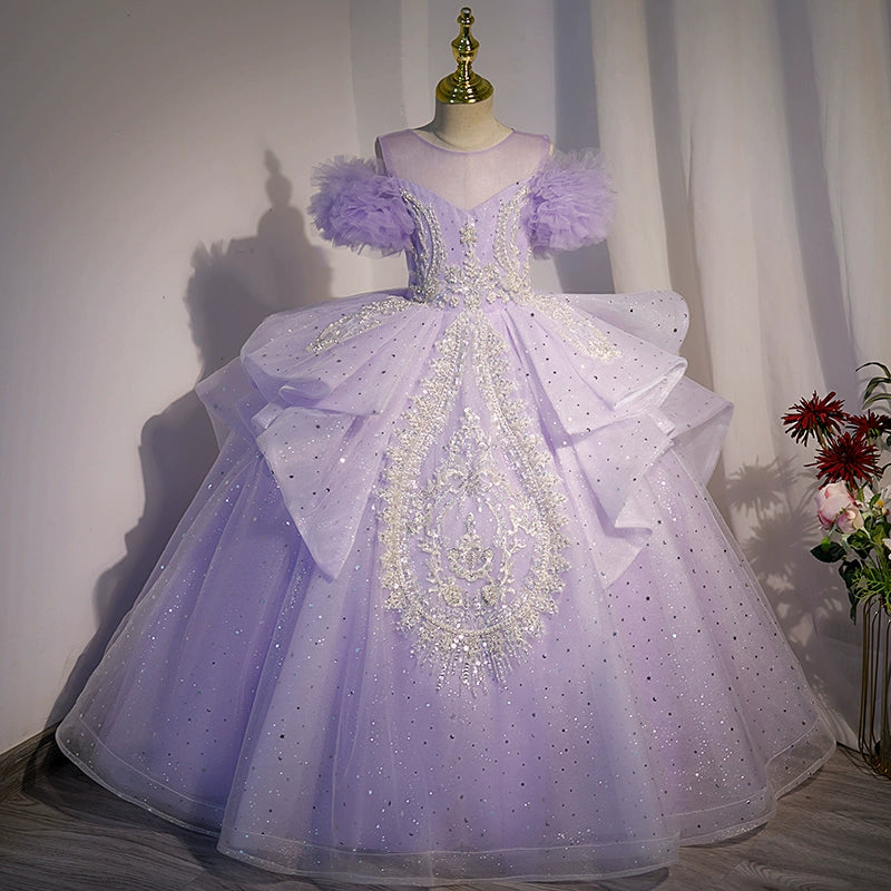 Princess Lilac Tulle Crossed Straps Baptism Lace Floor Length Sleeveless Cold Shoulder Sleeve Round Flower Girl Dress