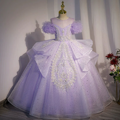 Princess Lilac Tulle Crossed Straps Baptism Lace Floor Length Sleeveless Cold Shoulder Sleeve Round Flower Girl Dress
