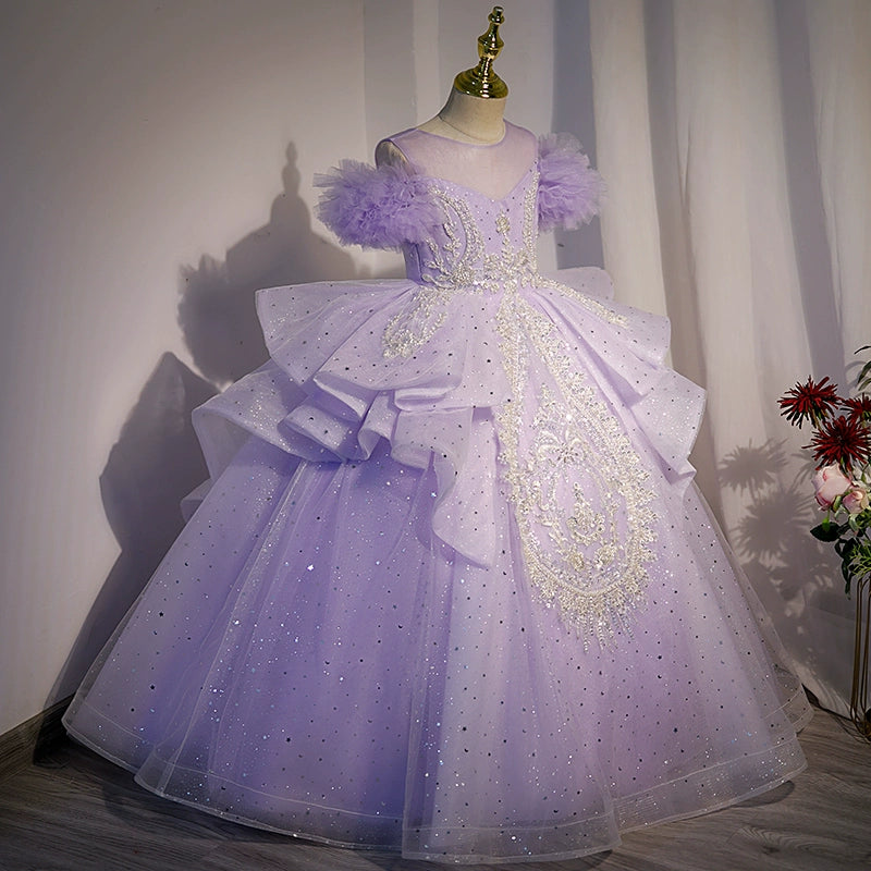 Princess Lilac Tulle Crossed Straps Baptism Lace Floor Length Sleeveless Cold Shoulder Sleeve Round Flower Girl Dress
