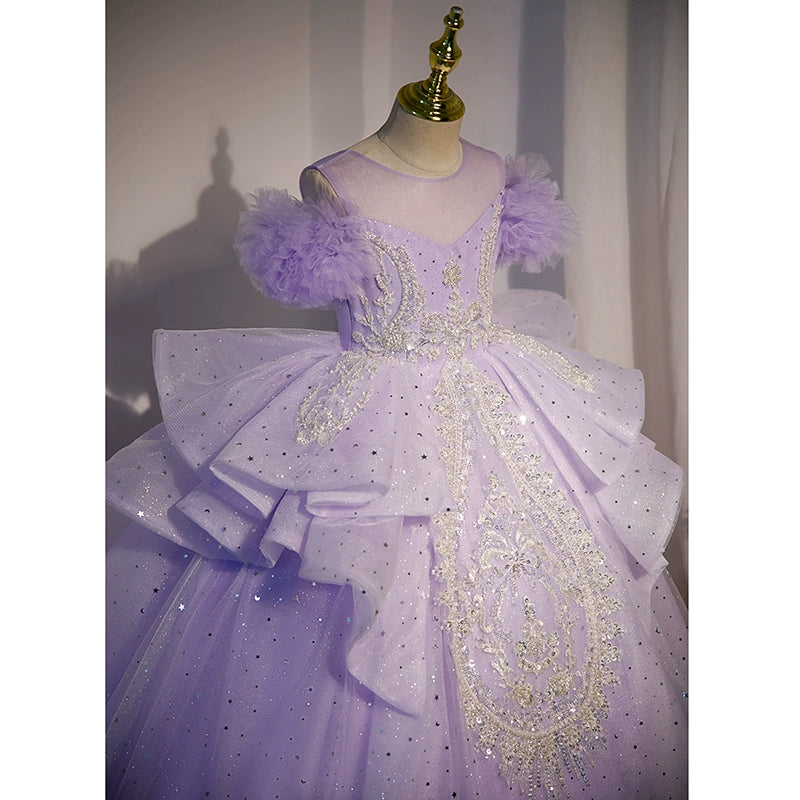Princess Lilac Tulle Crossed Straps Baptism Lace Floor Length Sleeveless Cold Shoulder Sleeve Round Flower Girl Dress