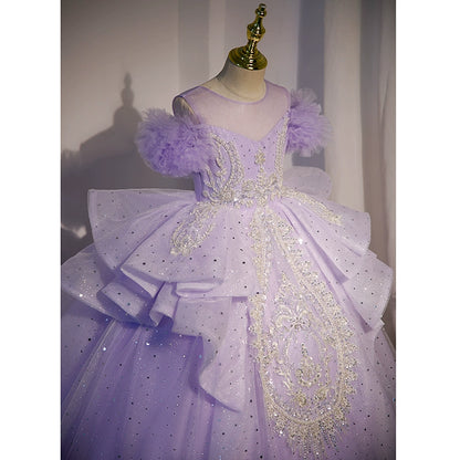 Princess Lilac Tulle Crossed Straps Baptism Lace Floor Length Sleeveless Cold Shoulder Sleeve Round Flower Girl Dress