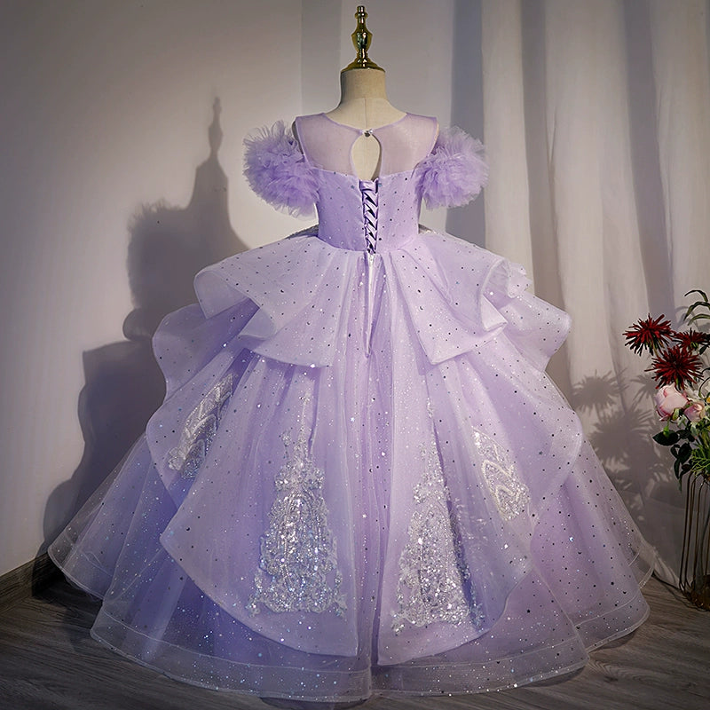 Princess Lilac Tulle Crossed Straps Baptism Lace Floor Length Sleeveless Cold Shoulder Sleeve Round Flower Girl Dress