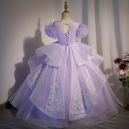 Princess Lilac Tulle Crossed Straps Baptism Lace Floor Length Sleeveless Cold Shoulder Sleeve Round Flower Girl Dress