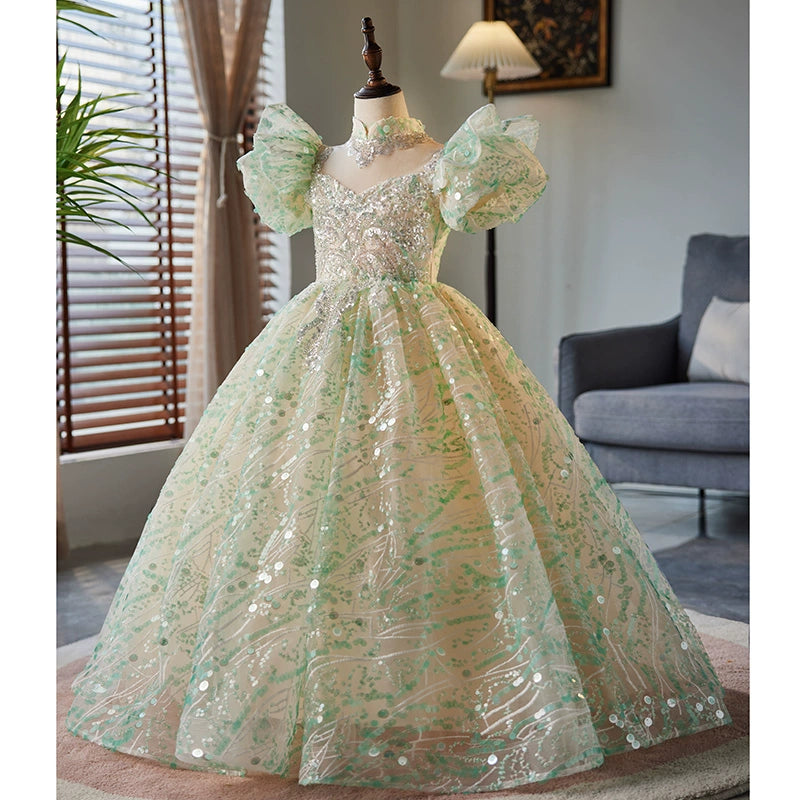 Princess Mint Green Organza Crossed Straps Baptism Lace Floor Length Short Sleeve Puff Sleeve Mock Neck Flower Girl Dress