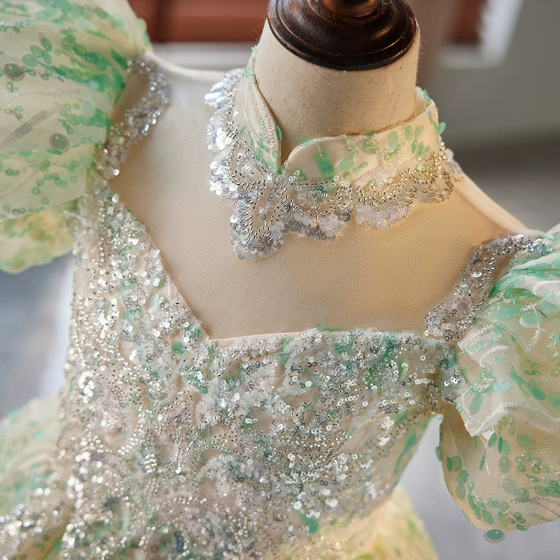 Princess Mint Green Organza Crossed Straps Baptism Lace Floor Length Short Sleeve Puff Sleeve Mock Neck Flower Girl Dress