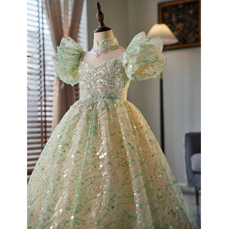 Princess Mint Green Organza Crossed Straps Baptism Lace Floor Length Short Sleeve Puff Sleeve Mock Neck Flower Girl Dress