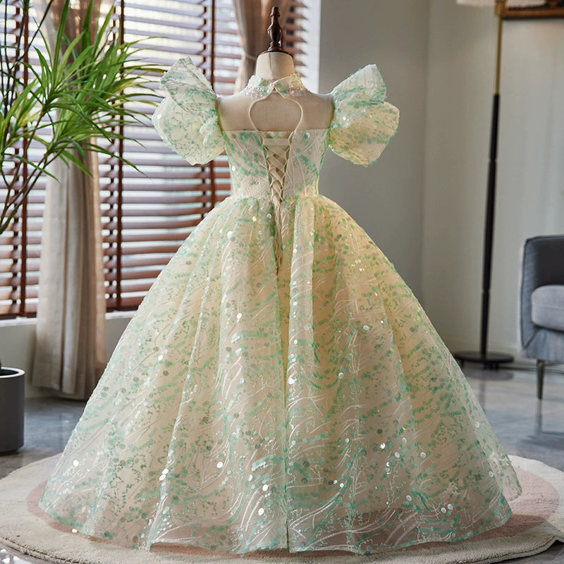 Princess Mint Green Organza Crossed Straps Baptism Lace Floor Length Short Sleeve Puff Sleeve Mock Neck Flower Girl Dress