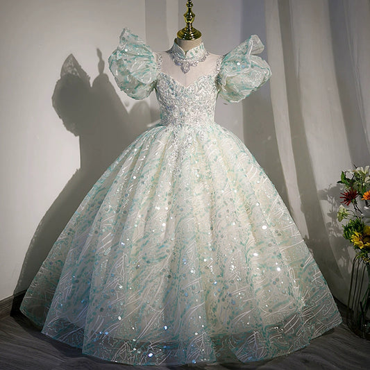 Princess Mint Green Sequined Crossed Straps Baptism Sequins Floor Length Short Sleeve Cap Sleeve Sweetheart Flower Girl Dress
