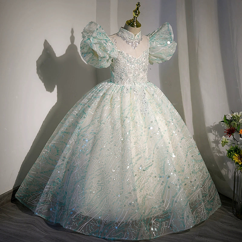 Princess Mint Green Sequined Crossed Straps Baptism Sequins Floor Length Short Sleeve Cap Sleeve Sweetheart Flower Girl Dress