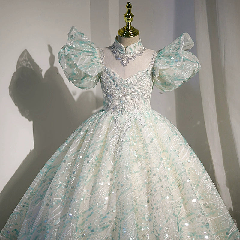 Princess Mint Green Sequined Crossed Straps Baptism Sequins Floor Length Short Sleeve Cap Sleeve Sweetheart Flower Girl Dress