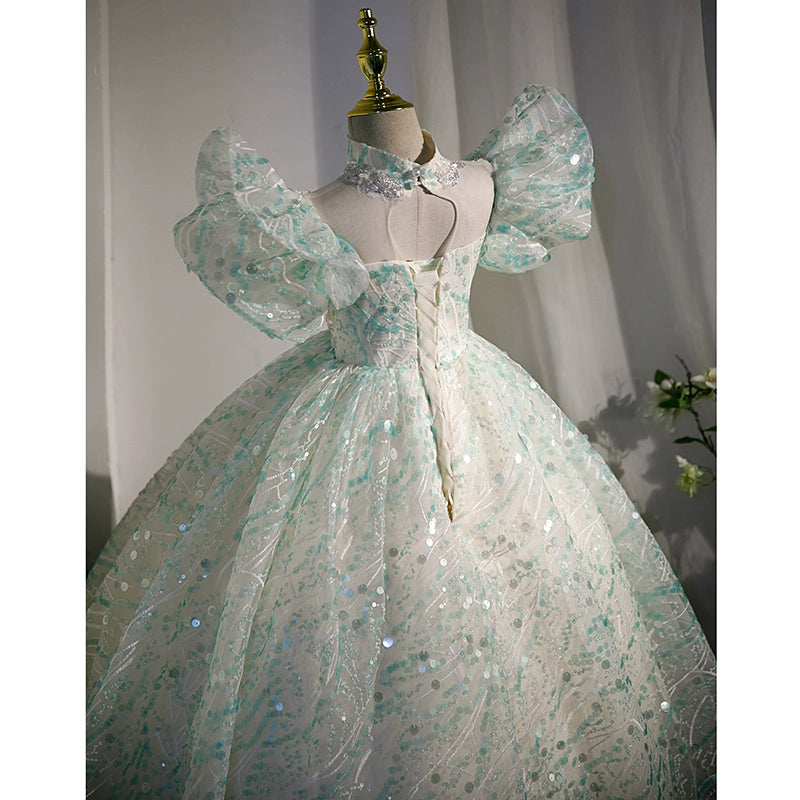 Princess Mint Green Sequined Crossed Straps Baptism Sequins Floor Length Short Sleeve Cap Sleeve Sweetheart Flower Girl Dress