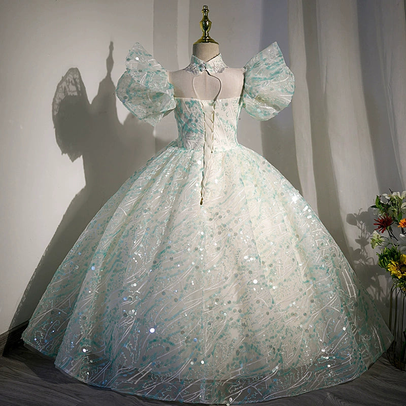 Princess Mint Green Sequined Crossed Straps Baptism Sequins Floor Length Short Sleeve Cap Sleeve Sweetheart Flower Girl Dress