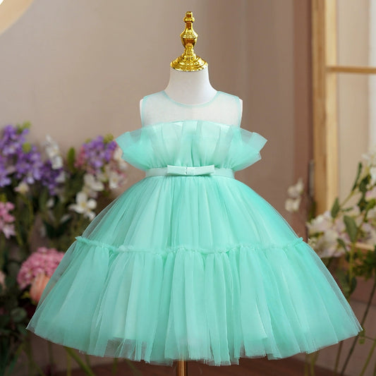 Princess Mint Green Tulle Back Zip Baptism Bow(s) Tea Length Sleeveless Round Flower Girl Dress