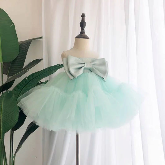 Princess Mint Green Tulle Back Zip Baptism Bow(s) Tea Length Sleeveless Round Flower Girl Dress