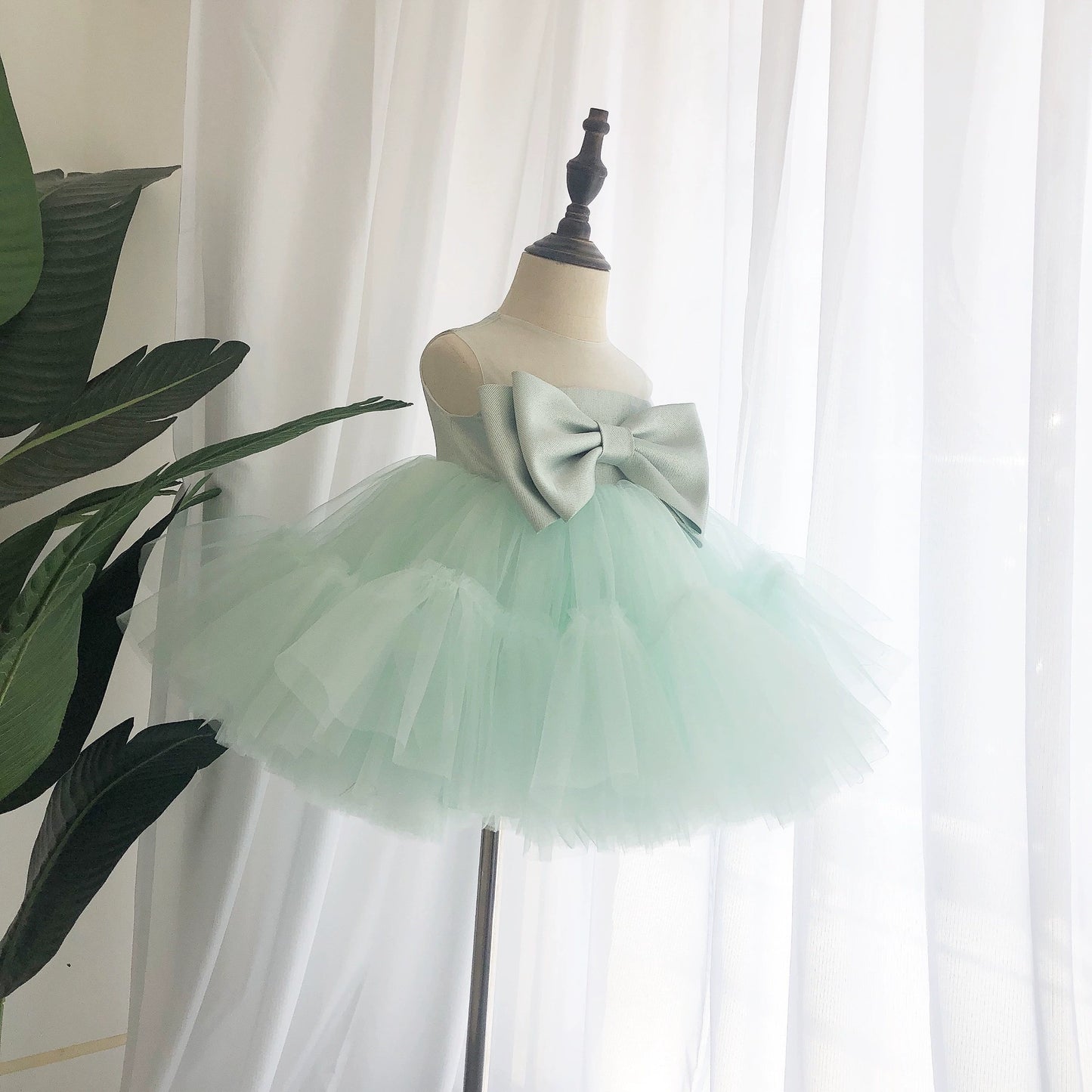Princess Mint Green Tulle Back Zip Baptism Bow(s) Tea Length Sleeveless Round Flower Girl Dress