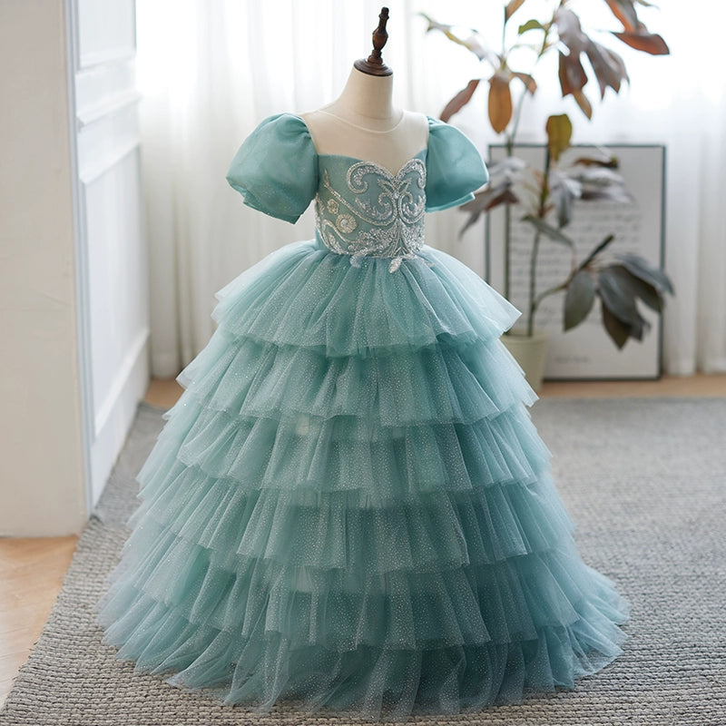 Princess Round Floor Length Tulle Flower Girl Dress in Mint Green