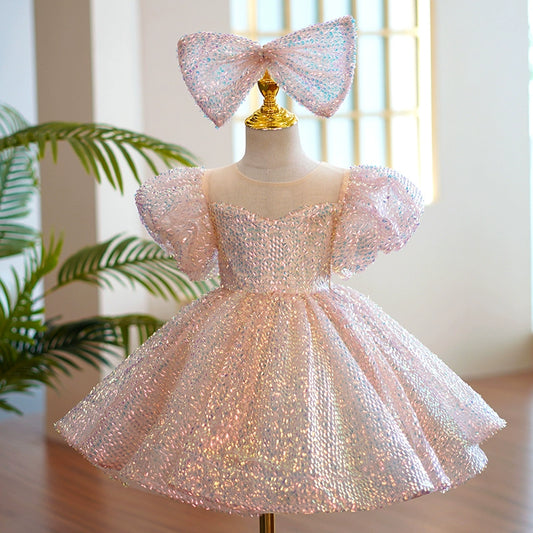 Princess Pink Organza Back Zip Baptism Bow(s) Tea Length Short Sleeve Puff Sleeve Round Flower Girl Dress
