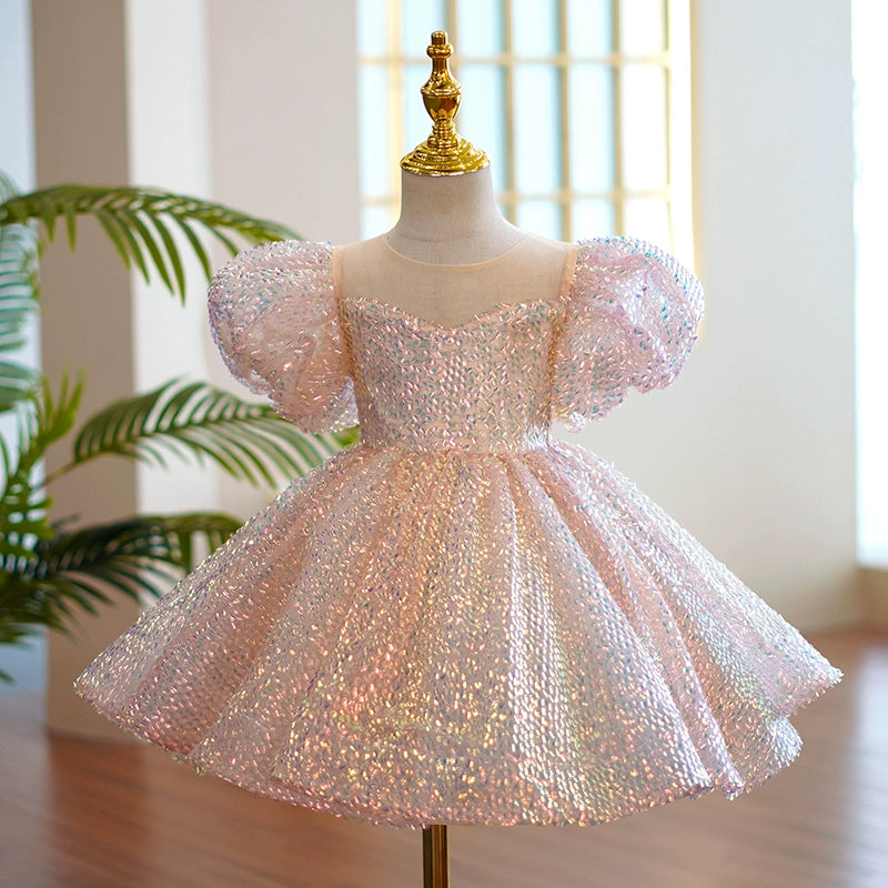 Princess Pink Organza Back Zip Baptism Bow(s) Tea Length Short Sleeve Puff Sleeve Round Flower Girl Dress