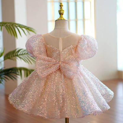 Princess Pink Organza Back Zip Baptism Bow(s) Tea Length Short Sleeve Puff Sleeve Round Flower Girl Dress