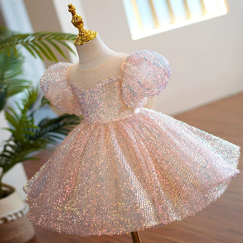 Princess Pink Organza Back Zip Baptism Bow(s) Tea Length Short Sleeve Puff Sleeve Round Flower Girl Dress