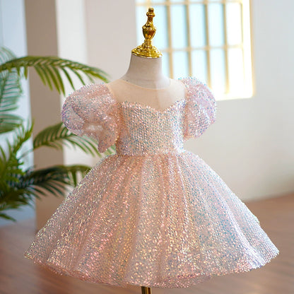 Princess Pink Organza Back Zip Baptism Bow(s) Tea Length Short Sleeve Puff Sleeve Round Flower Girl Dress
