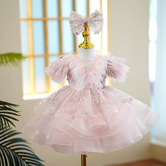 Princess Pink Organza Back Zip Baptism Sequins Tea Length Short Sleeve Puff Sleeve Round Flower Girl Dress