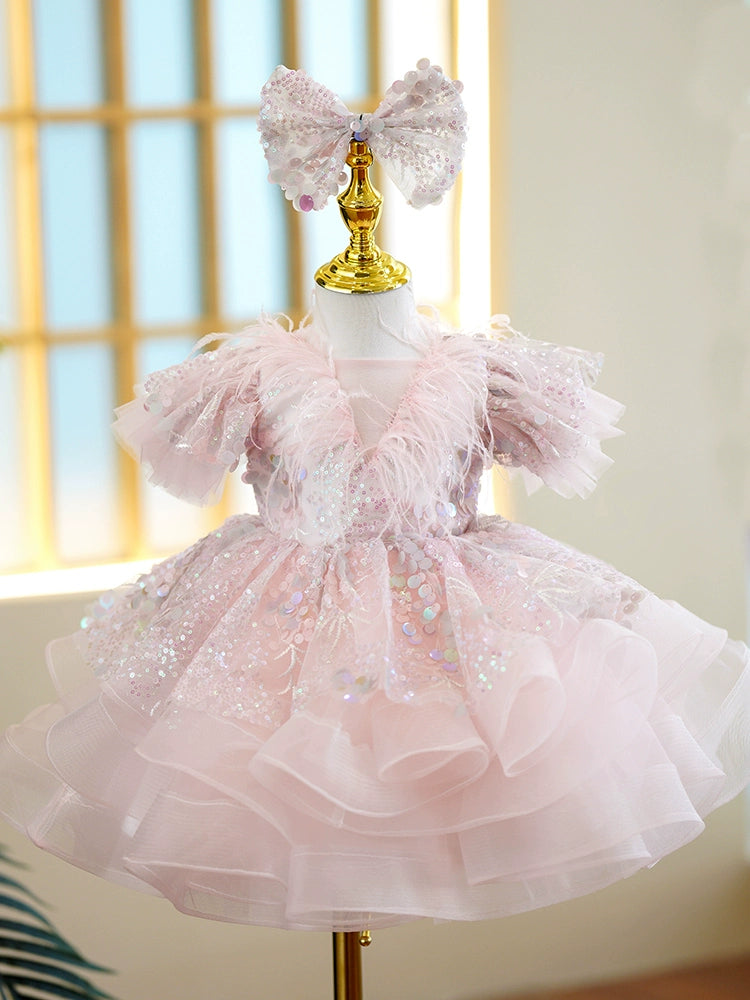 Princess Pink Organza Back Zip Baptism Sequins Tea Length Short Sleeve Puff Sleeve Round Flower Girl Dress